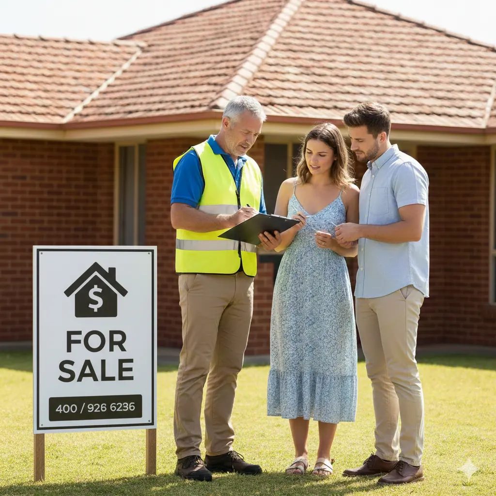 Professional building inspector discussing a pre-purchase report with a couple in front of an Australian home for sale