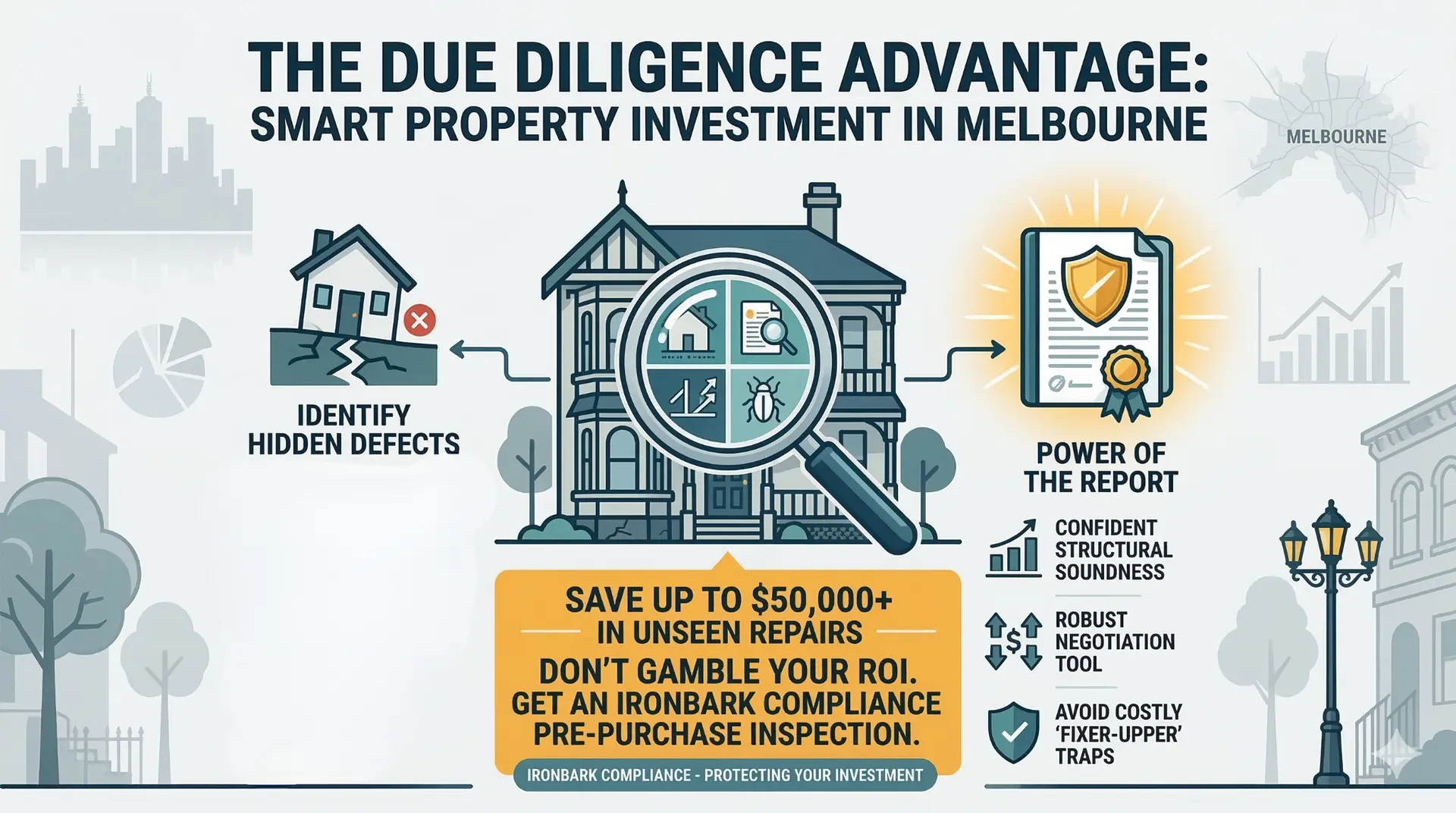 Professional infographic showing a Melbourne property under inspection with a magnifying glass, highlighting structural due diligence and investment ROI protection.